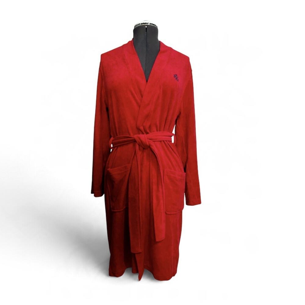 Lauren Ralph Lauren Terry Cloth Robe M Medium Red Embroidered Crest Tie Waist